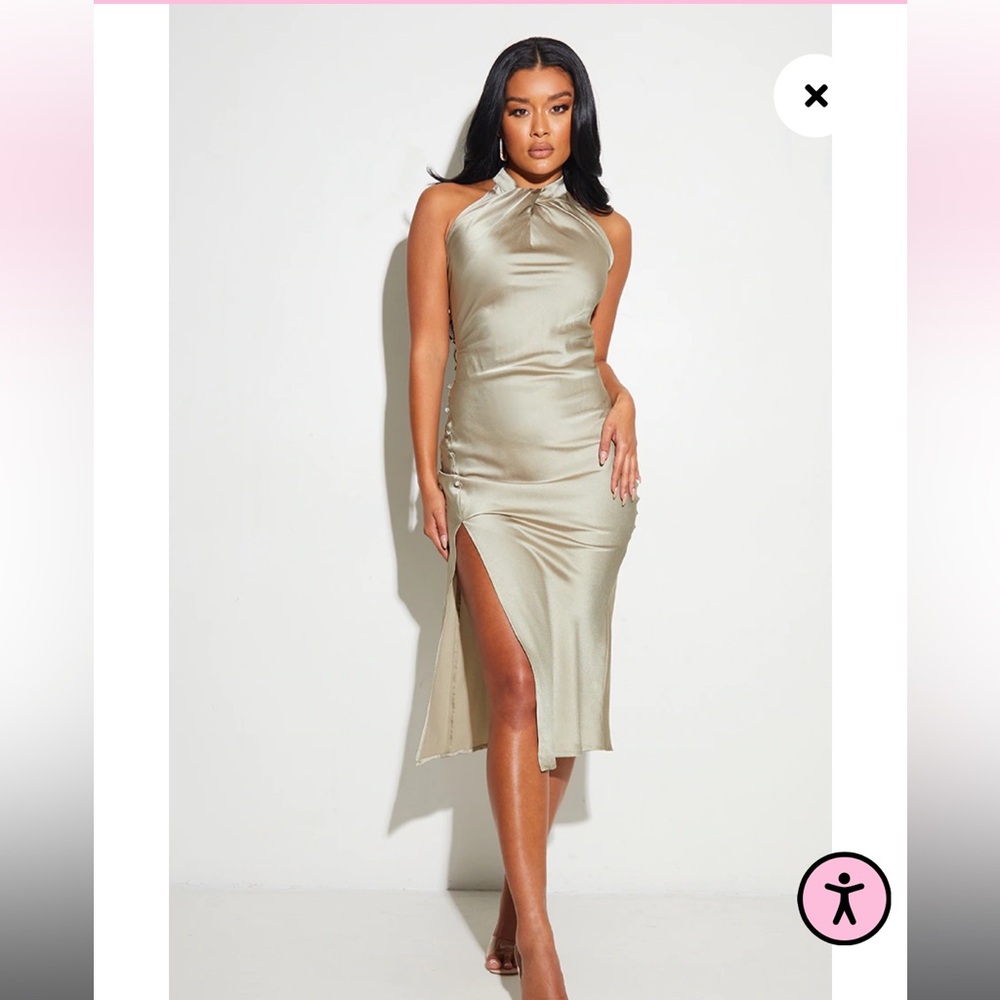 Sage Green Twist Neck Button Detail Satin Midi Dress